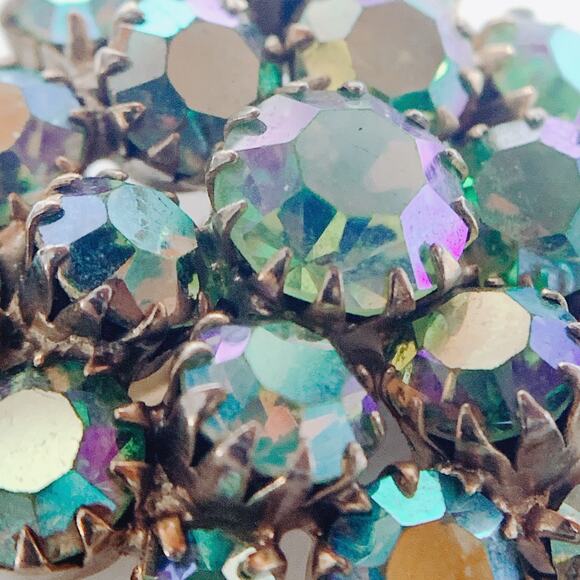 VTG Mid Century Earrings AB Rhinestone Cluster Clip On Gold Tone 1950s 60s - Picture 7 of 16